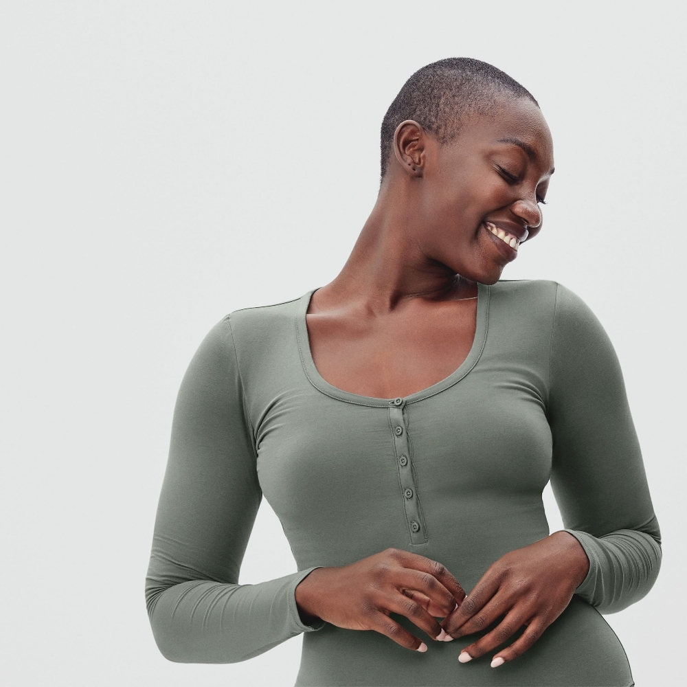 Everlane Sage Green Long Sleeve Henley Bodysuit Small